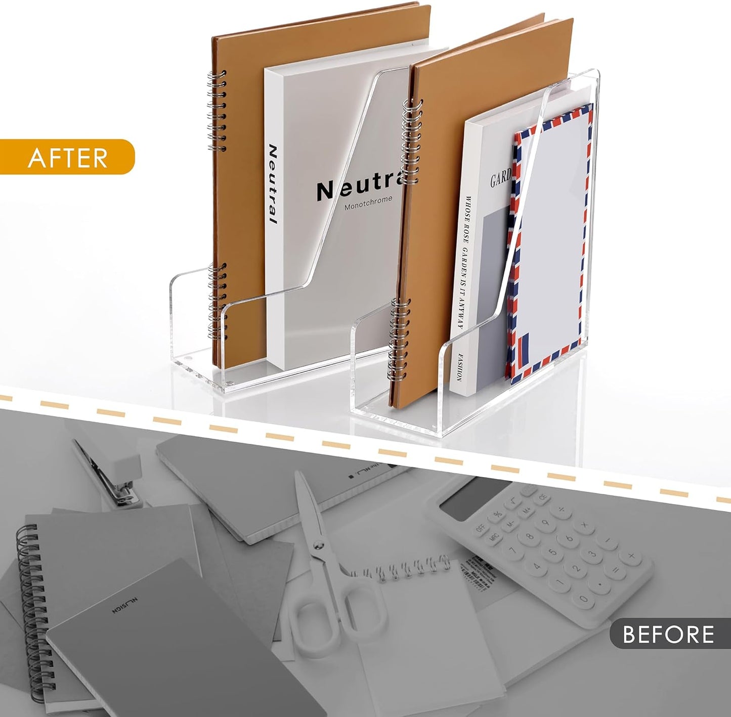 SANRUI Acrylic Magazine Holder Desk Organizer Workspace Sorters，Clear Bookend File Sorter Holder，Folder Rack, Office Accessories Organization Storage with 3 Vertical Compartments
