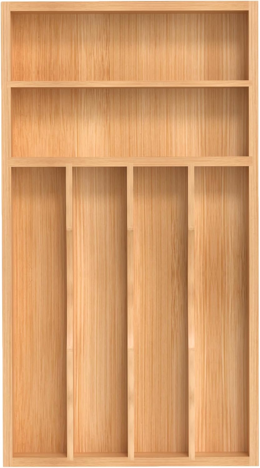 Small Silverware Organizer, Bamboo Kitchen Drawer Organizer, Utensil Holder, Cutlery Tray & Spoon Flatware Storage with Grooved Drawer Dividers (6.7''W x 12''D)