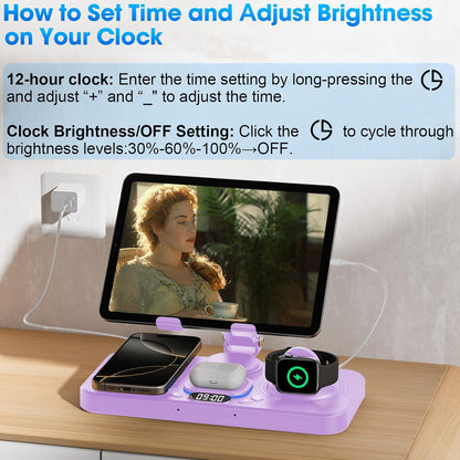6 in 1 Wireless Charger for Apple Device, 30W Foldable Wired Charging for ipad with Clock & 7 Color Ambient Light, Nightstand Charger Station for iPhone 17/16/15/iWatch Series/AirPods 4/Pro 3(Purple)