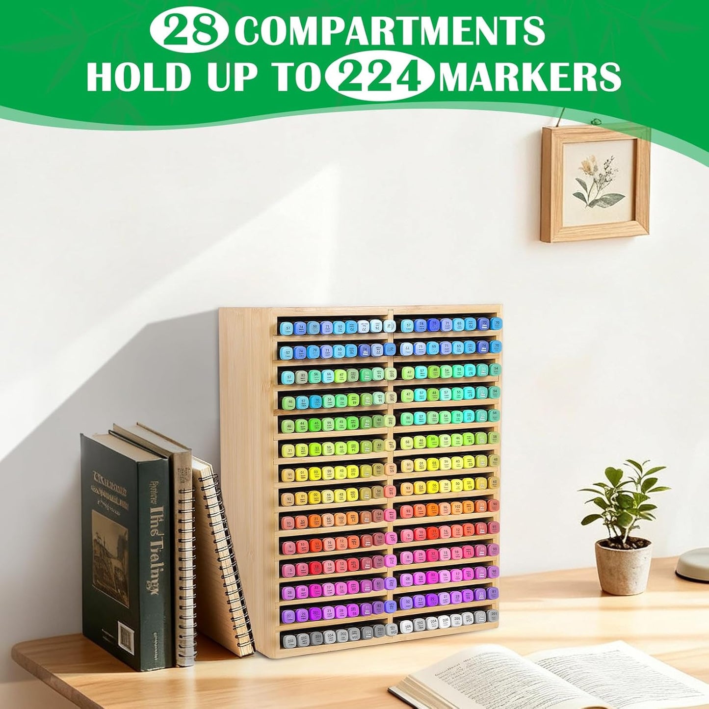 Bamboo Marker Organizer for 224 Markers, Alcohol Marker Storage Organizer with 28 Compartments, Desktop Marker Holder for Art Markers, Brush Pens, Pencils