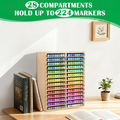 Bamboo Marker Organizer for 224 Markers, Alcohol Marker Storage Organizer with 28 Compartments, Desktop Marker Holder for Art Markers, Brush Pens, Pencils