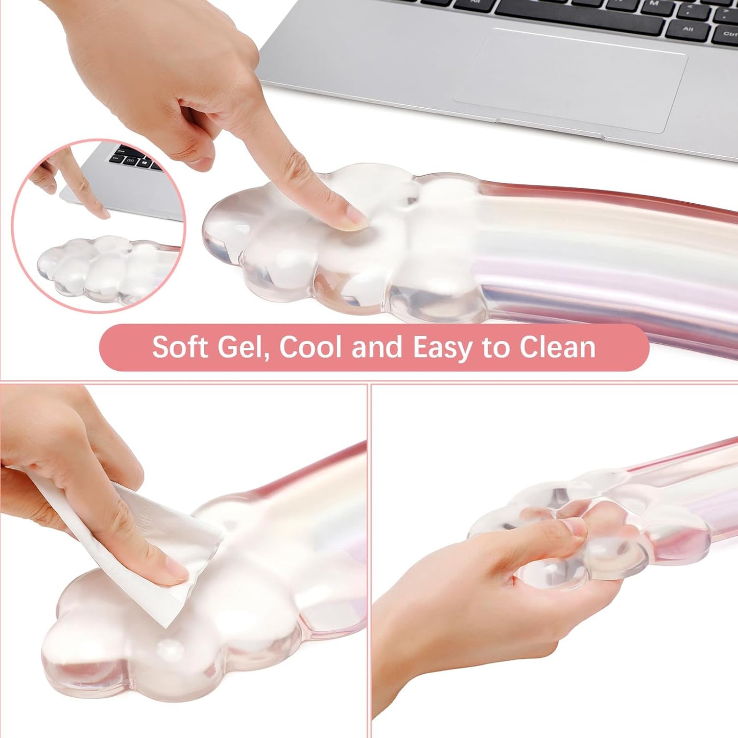MEGREZ Clear Gel Wrist Rest for Keyboard and Mouse, Cute Crystal Gel WristRest, Ergonomic Wrist Rest Set, Cloud Wrist Rest Keyboard, Pink