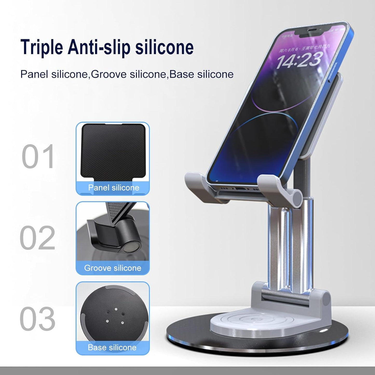 ONCHEER 360°Rotating Phone Holder for Desk, Fully Foldable Cell Phone Stand for Office & Home, Angle & Height Adjustable Tablet Stand for All Smartphones, iPhone, Switch,Tablet 4.6-12.9'', Black