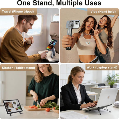 3-in-1 Foldable Magnetic Phone Tripod Stand, Portable Aluminum Alloy Adjustable Holder for Tablet, Laptop MacBook Pro/Air 10–16", Magnet Phone Mount Compatible with MagSafe iPhone Android