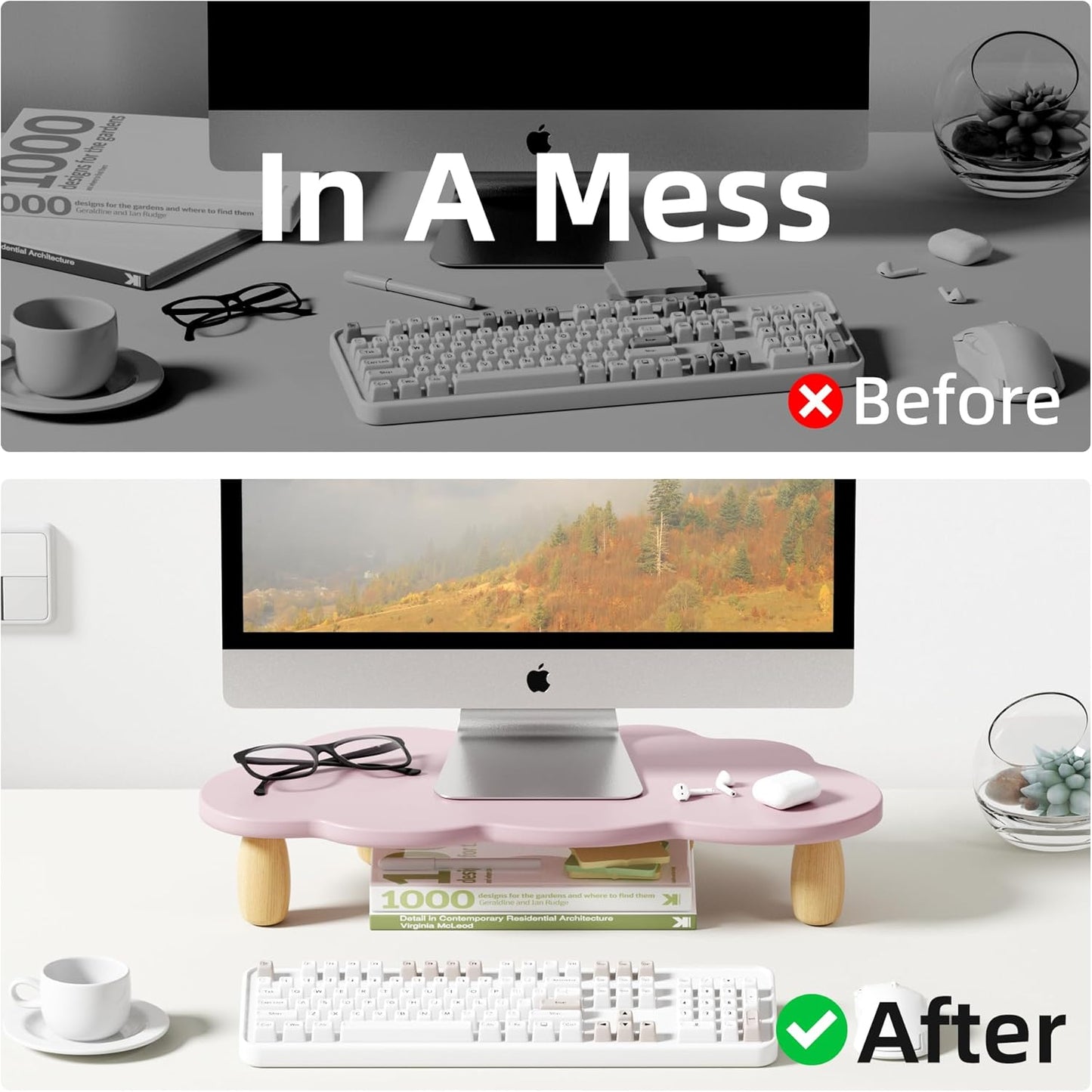 AFOOYO Monitor Stand Riser,Cloud Shape Wood Computer Monitor Stand, 16.5IN Monitor Stand Riser, Multi-Purpose Desktop Organizer Riser for Computer,Laptop,Printer,TV,Pink
