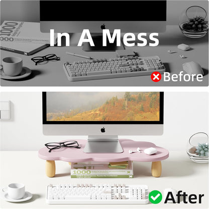 AFOOYO Monitor Stand Riser,Cloud Shape Wood Computer Monitor Stand, 16.5IN Monitor Stand Riser, Multi-Purpose Desktop Organizer Riser for Computer,Laptop,Printer,TV,Pink
