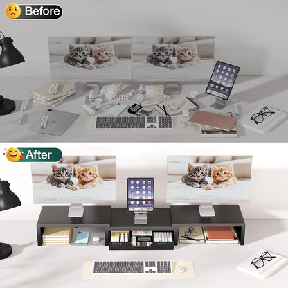 OPNICE Dual Monitor Stand Riser with Drawer and 2 Pen Holders, Desk Organizer for Office Supplies, Computer Monitor Stand for Desk, Workspace Desk Accessories for Home Office, Black