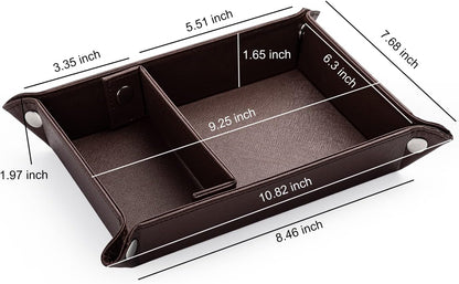 BONNY DODO Valet Tray for Men PU Leather Tray Organizer with Partition, Storage Keys, Watch & Practical Storage for Table Nightstand Living Room Bedroom (Dark Brown-Square)
