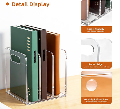 Acrylic Magazine File Holder, 3 Vertical Compartments Desk Document Sorter Organizer, Clear Folder Rack Binder for Office/Documents/Classroom, for Home, Tablet, Magazines, Books & Accessories