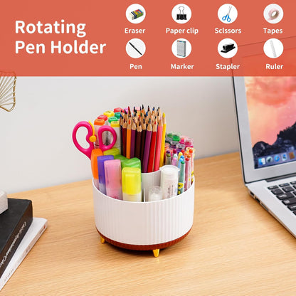 Marbrasse Desk Organizer, 360-Degree Rotating Pen Holder, Desk Organizers and Accessories with 5 Compartments Pencil Holder, Art Supply Storage Box Caddy for Office, Home（White）