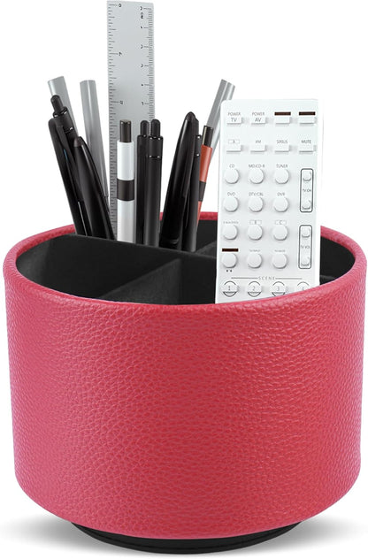Hennaja Round Leather Art Supply Organizer,Remote Control Holder,360 Degree Rotating,Multi-Functional Pencil Holder,4 Compartments Desktop Stationary Organizer(1-Blue Bird) - Colors B