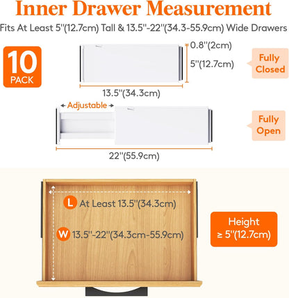 Lifewit 5 Pack 4" High Drawer Dividers 28-43.5cm/11-17" Adjustable Drawer Organizer for Clothes/Utensils, Expandable Drawer Separator in Dresser/Kitchen/Bedroom/Office Organization & Storage White
