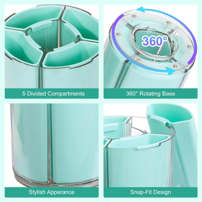 Comix 360° Rotating Pen Holder for Desk, Cute Pencil Holder Pen Organizer, Beige Acrylic Pencil Cup Caddy with 5 Slots for Home School Office Supplies