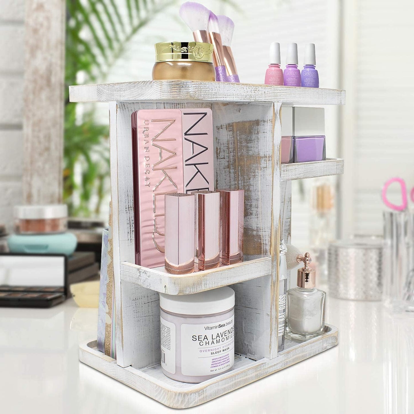 Sorbus 360° Makeup Organizer - Bamboo Wood Make Up Storage Carousel for Cosmetics, Skin Care Rotating Makeup Organizer for Vanity, Bathroom Storage