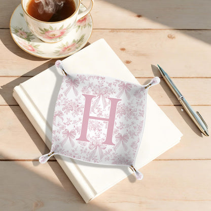 Gifts for Mom Initial Valet Tray,Pink Personalized Gifts for Women Mom Grandma Girlfriend,Nightstand Desk Accessories PU Leather Tray Organizer for Birthday Christmas Gift Ideas (B)