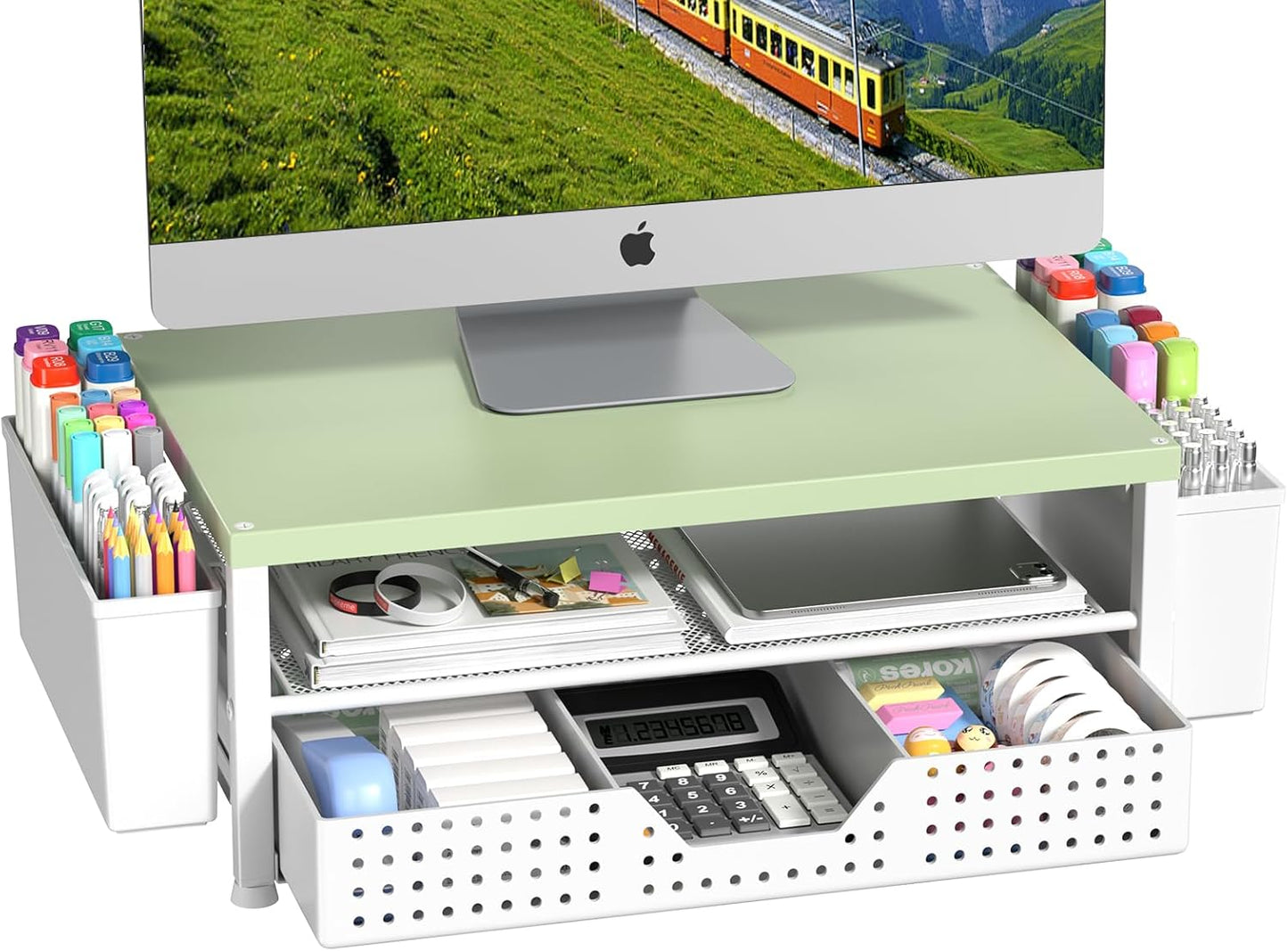 Small Laptop Stand for Desk, Monitor Stand Riser, Office Desk Accessories, Computer Desktop Stand with Drawer for Home, Office, School (Mint Green)