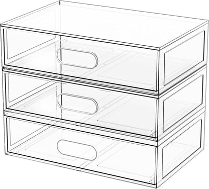Clear Stackable Makeup Organizer with Drawer, 12''W Acrylic Storage Drawers, Cosmetic Display Case for Vanity Bathroom Countertop, Beauty Holder for Lipstick Brush Skincare Perfume