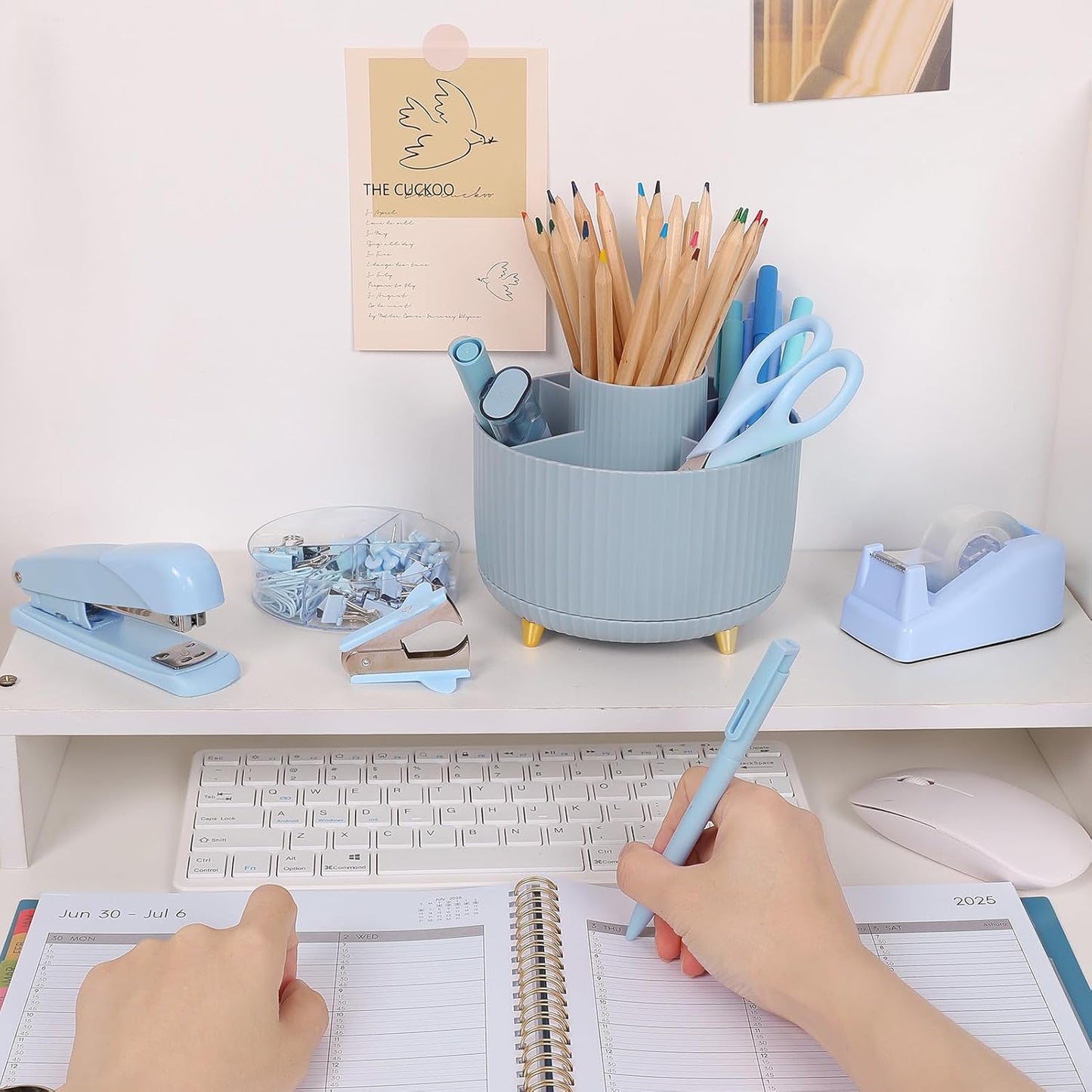 SKYDUE Pink Desk Accessories 10Pcs, Rotating Pen Holder for Desk, Stapler, Staple Remover, Tape Dispenser,2pcs Tape Refills, Binder Paper Clips Kit, Scissor,Pink Office School Supplies
