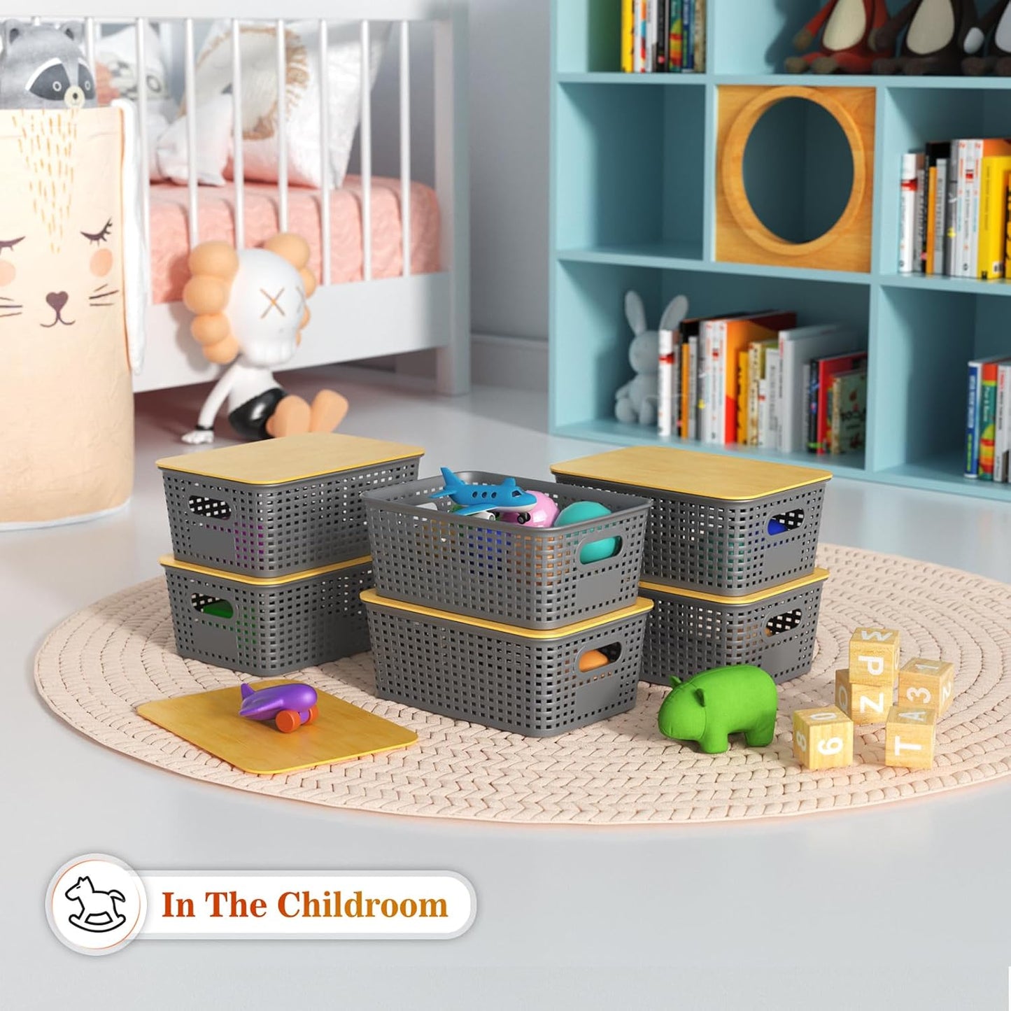 Ohmlove Plastic Storage Baskets With Bamboo Lid - Plastic Storage Containers Stackable Storage bins: Storage Baskets for Organizing Shelves Drawers Desktop Closet Playroom Classroom Office, 6 Pack