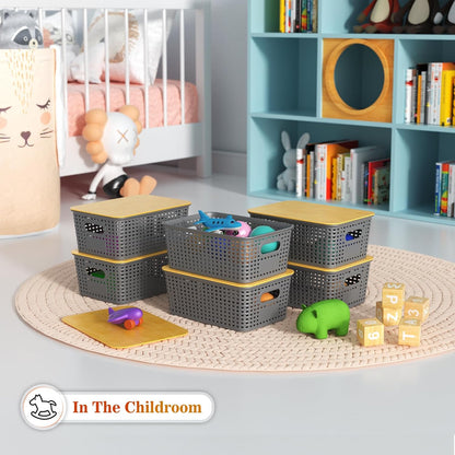 Ohmlove Plastic Storage Baskets With Bamboo Lid - Plastic Storage Containers Stackable Storage bins: Storage Baskets for Organizing Shelves Drawers Desktop Closet Playroom Classroom Office, 6 Pack