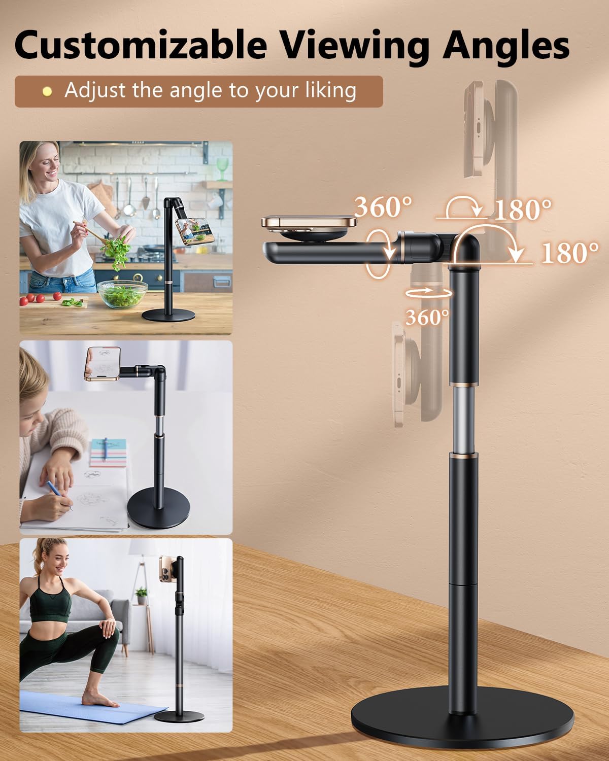 Height/Angle Adjustable Phone Holder, 10"-25" Retractable Tall Phone Stand for Desk,720°Rotatable+180flip Phone Holder Stand for Video Calls Kitchen Table Office Etc -Clip Type