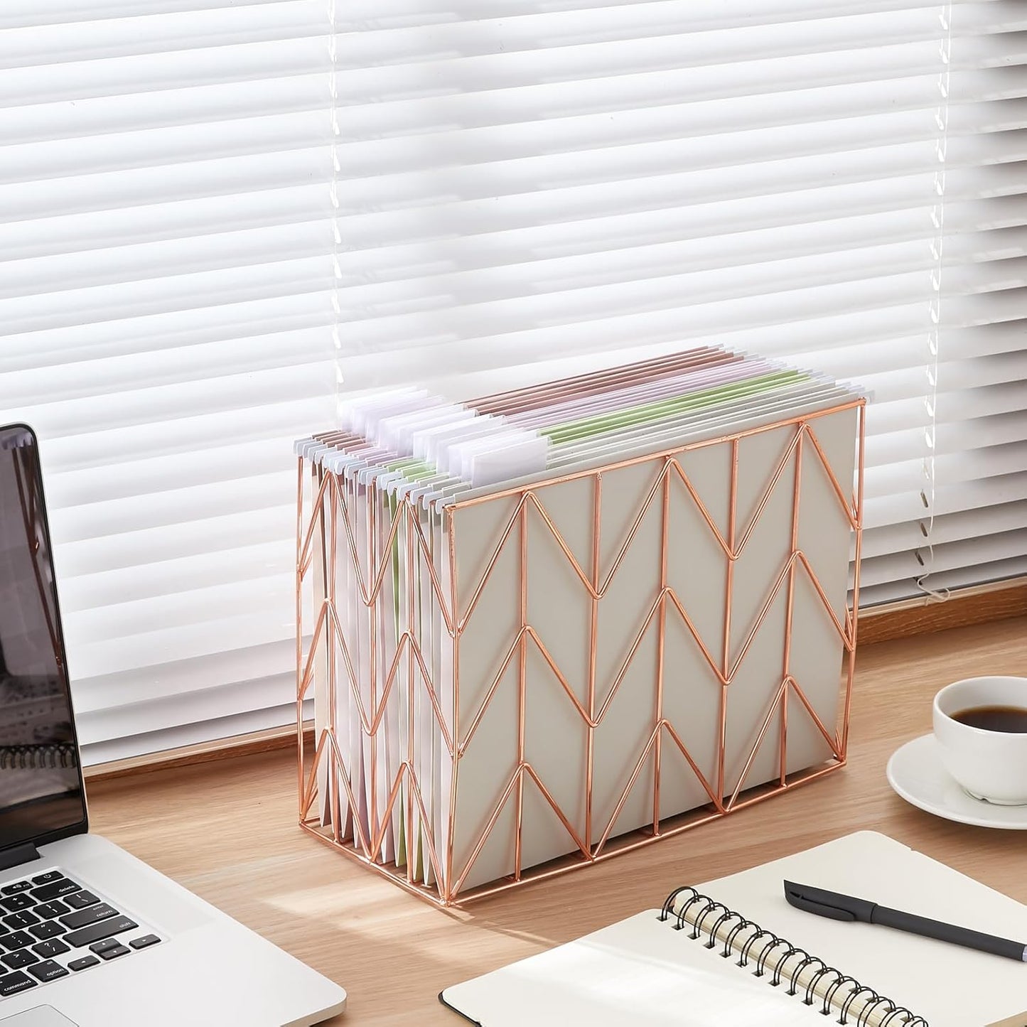 Hanging Rose Gold File Organizer, equipped with a 6-piece set of rose gold desktop accessories