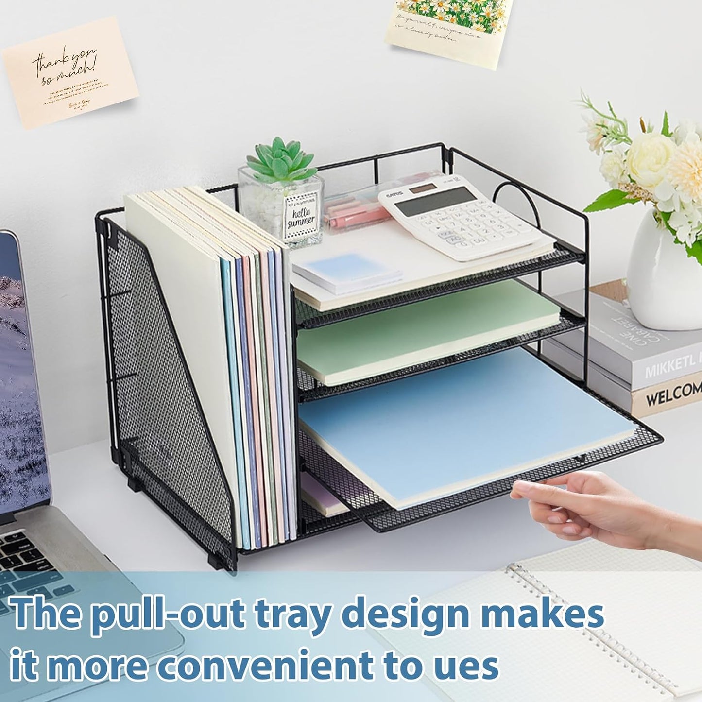 OPNICE Desk Organizer, 5-Tier Paper Organizer Letter Tray with Magazine Holder, Office Desk Accessories & Workspace Organizers, Desktop File Organizer for Office Supplies Storage, Black