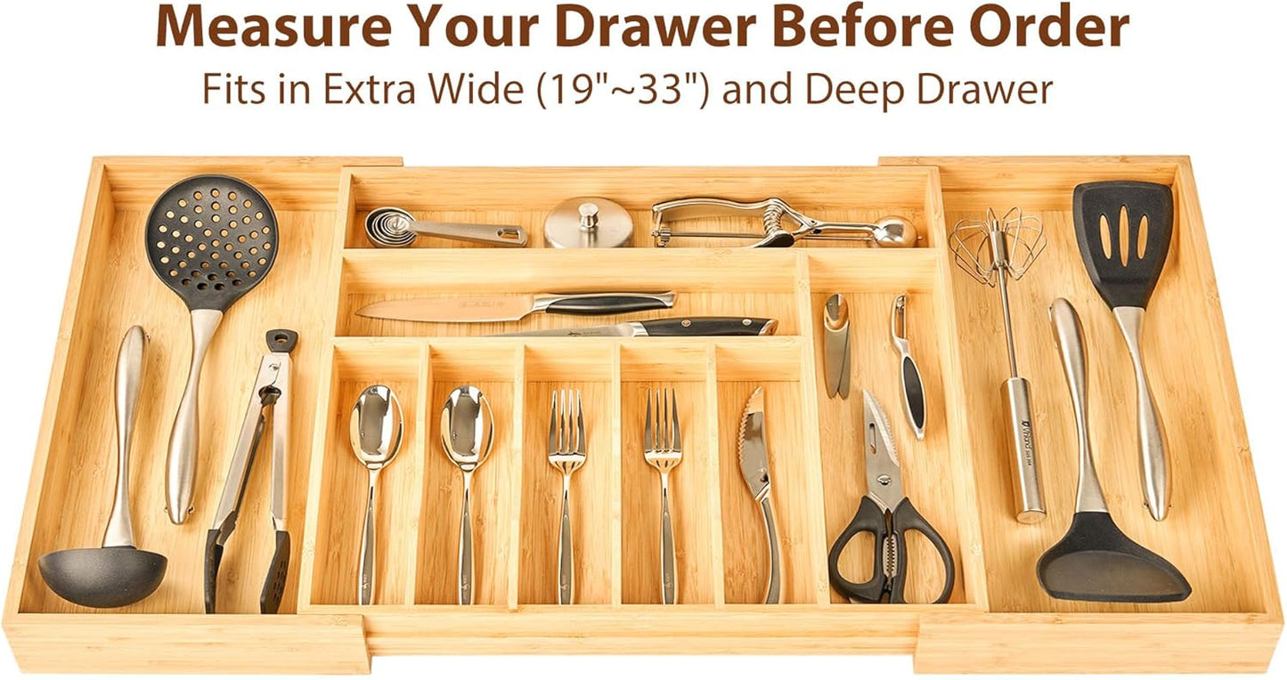 Umilife Bamboo Kitchen Drawer Organizer, 13 Inch Silverware Utensil Tray Holder, Extra Deep Grooved Drawer Divider, 7 Slots Total Bamboo Wood Caddy for Flatware Cutlery Knives, Forks, Spoons