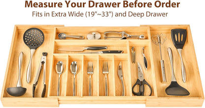 Umilife Bamboo Kitchen Drawer Organizer, 13 Inch Silverware Utensil Tray Holder, Extra Deep Grooved Drawer Divider, 7 Slots Total Bamboo Wood Caddy for Flatware Cutlery Knives, Forks, Spoons