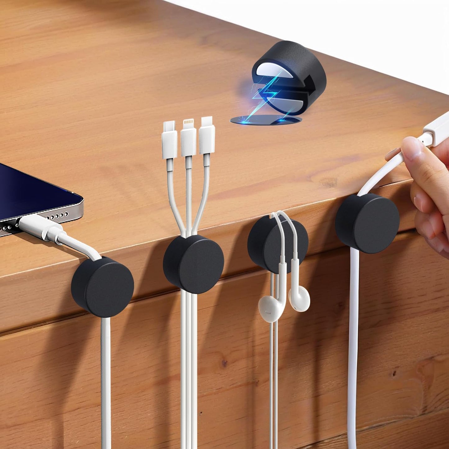 Maveek 5 Pcs Magnetic Cord Holder Cable Management, Strong Cable Clips Magnets Metal Plate, Adhesive Wire Organizers for Nightstand Desktop Wall Kitchen USB LAN (Black)