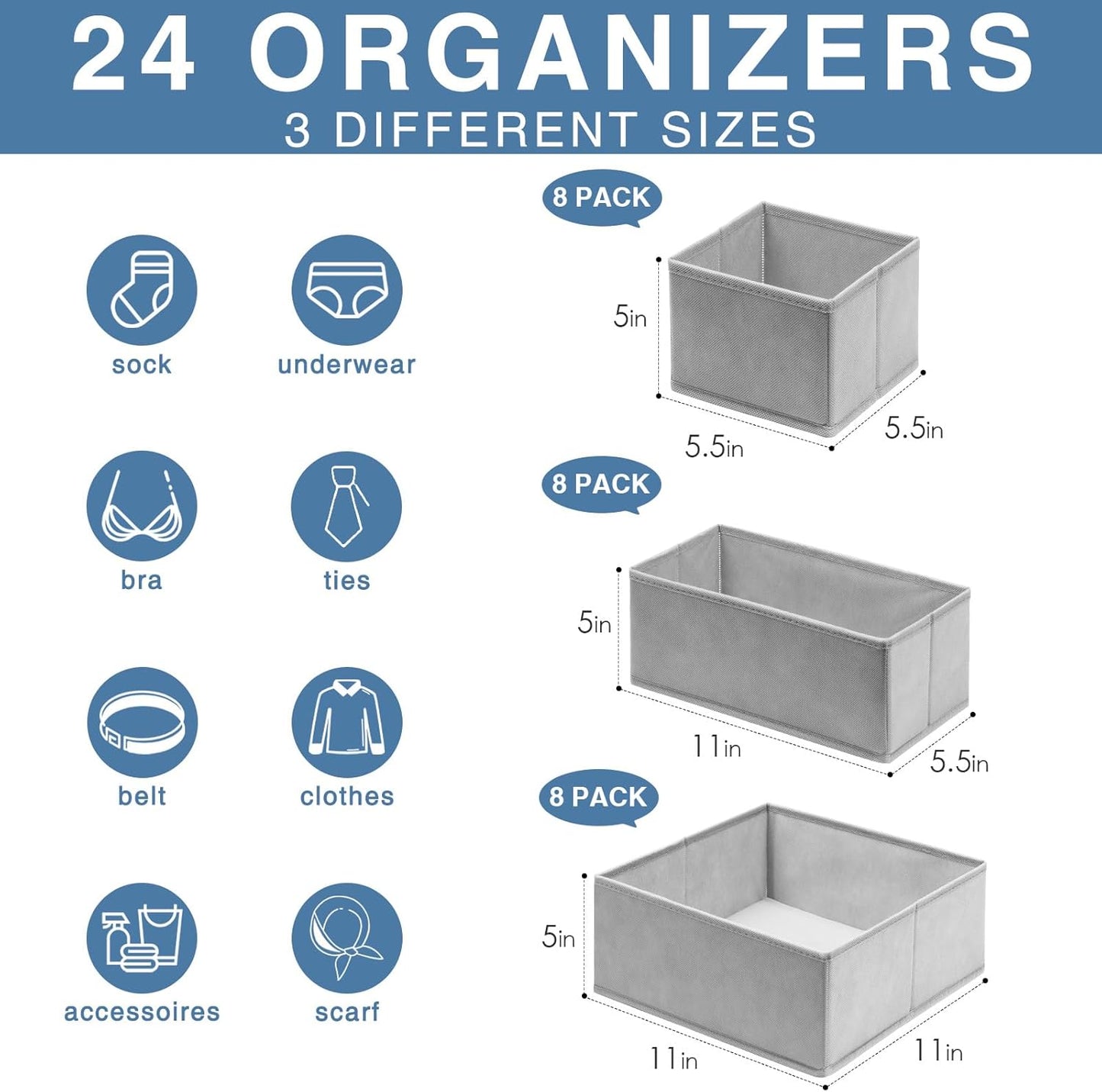 Criusia Drawer Organizer Clothes 12 Pack, Dresser Organizer for Nursery Bedroom Closet Organization and Storage - Baby Clothes Organizer Bins - Drawer Divider for Sock Underwear Bra Ties (Grey)