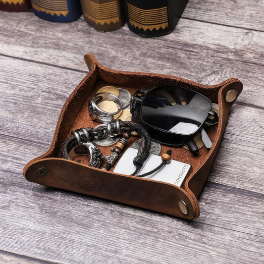 Top Grain Vintage Handmade Genuine Leather Snap Fasteners Squared Valet Tray, Desktop Organizer, Storage Box, Creative Decorative for Keys, Coins, Cell Phone, Watches, Change, Jewelry, Glasses