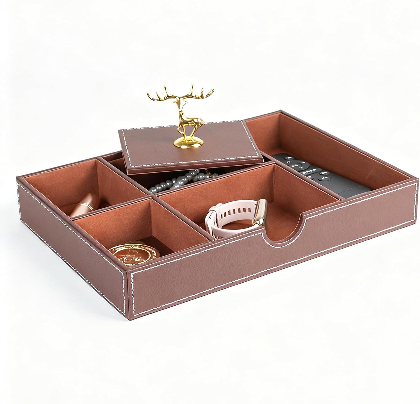 Jewelry Trays Nightstand Organizer, Valet Tray for Men and Women, Dressing Table Storage Box, Dark Brown Faux Leather, 5 Compartment