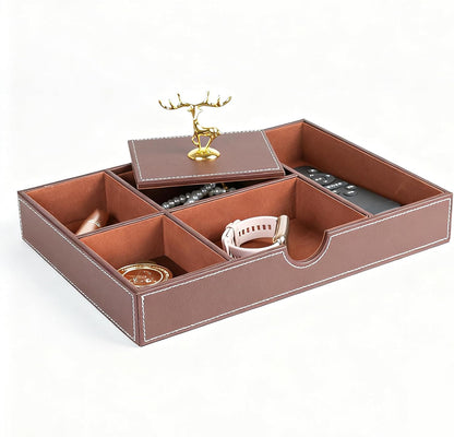 Jewelry Trays Nightstand Organizer, Valet Tray for Men and Women, Dressing Table Storage Box, Dark Brown Faux Leather, 5 Compartment