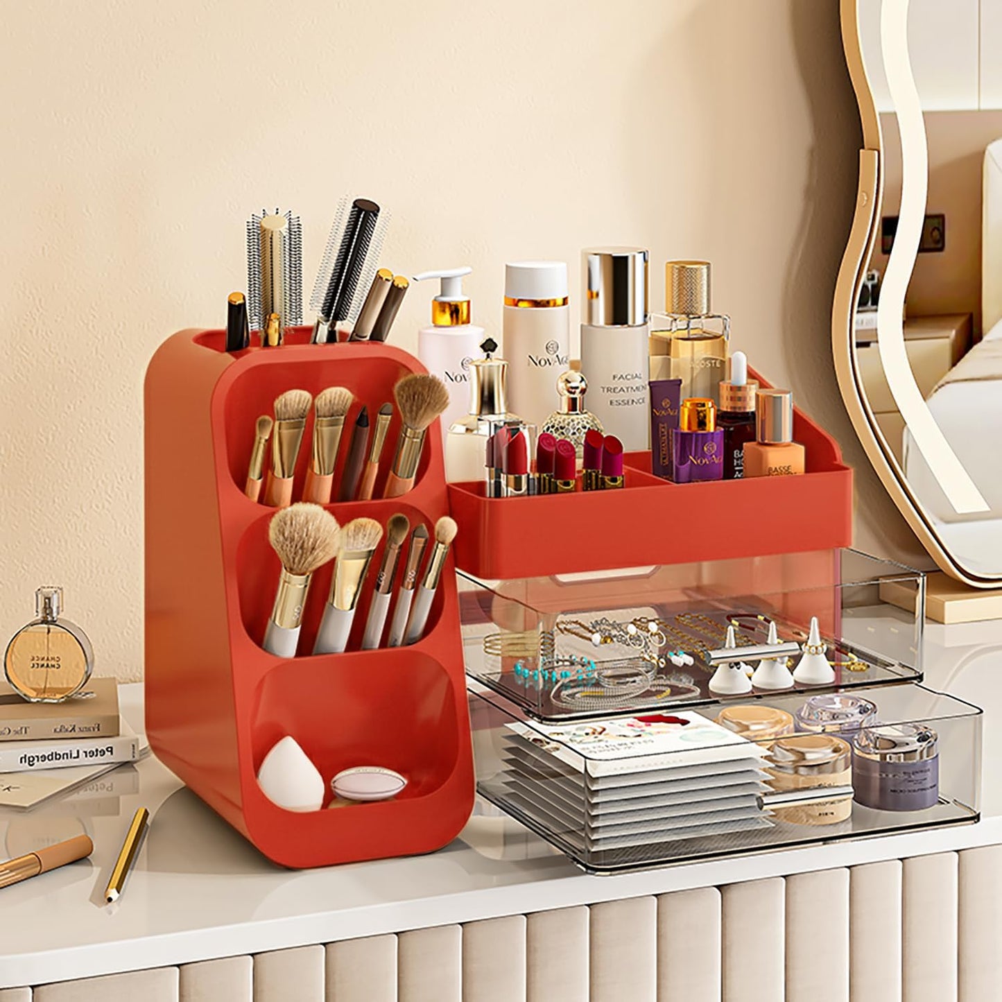 Booklov Makeup Organizer for Vanity, Countertop Cosmetic Display Case with Clear Acrylic Drawers, Bathroom Counter Beauty Caddy, Cute Table Storage Holder for Skincare, Brush Lipsticks, Crystal White