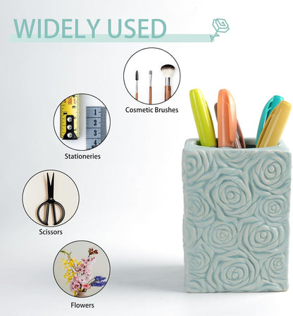 Ceramic Cactus Pen Holder, Cactus Decor Cute Pencil Holder, Makeup Brush Holder for Home, Office Desk Accessories(Dark Green)