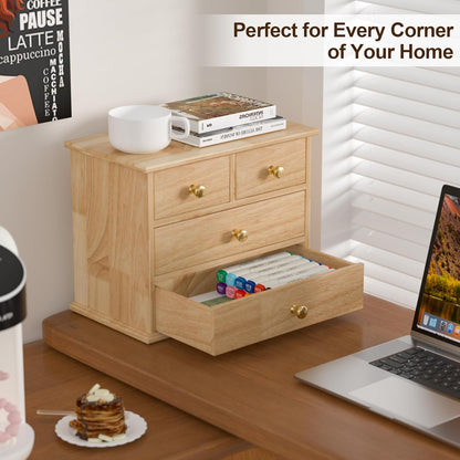 Oak Desk Organizer with Drawers, Durable Wooden Desktop Storage Box with Metal Handles & Non-Slip Silicone Pads, 4 Drawer Tabletop Organizer for Office, Bedroom, Bathroom, Vanity, and Makeup – Walnut