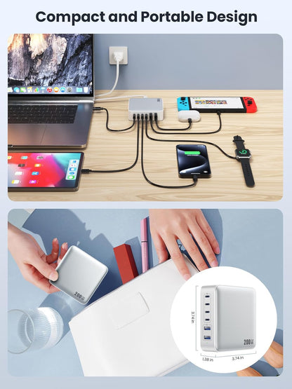 USB C Charger 200W USB C Charger Block,Upgraded GaN III 8-Port Fast Charging Station Hub,PD 65W Laptop Charging Adapter Compatible with MacBook Pro/Air,DELL,Steam Deck,iPhone 16/15/14,Galaxy S23/22