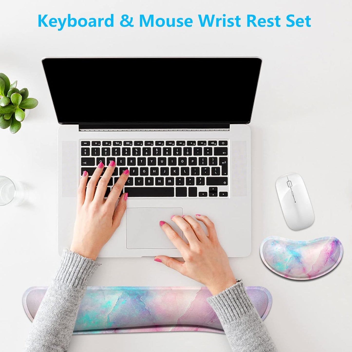 Dapesuom Enlarge Keyboard Wrist Rest, Memory Foam Wrist Cushion for Desk Mats Support, Cute Pain Relief Keyboard Mouse Pad Rests Set with Non-Slip Base for Gaming Laptop Office Computer, Green Leaf