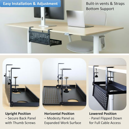 AEONS Under Desk Cable Management Tray Kit - Horizontal Adjustable up to 41” Removable C Clamp Mount Reversible Computer Cord Raceway and Modesty Panel for Large Table, Black