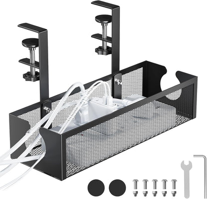 YECAYE No-Drill Metal Under Desk Cable Management Tray, Power Strip & Cable Organizer for Home Office,Under Desk Storage,Organizer Tray,White