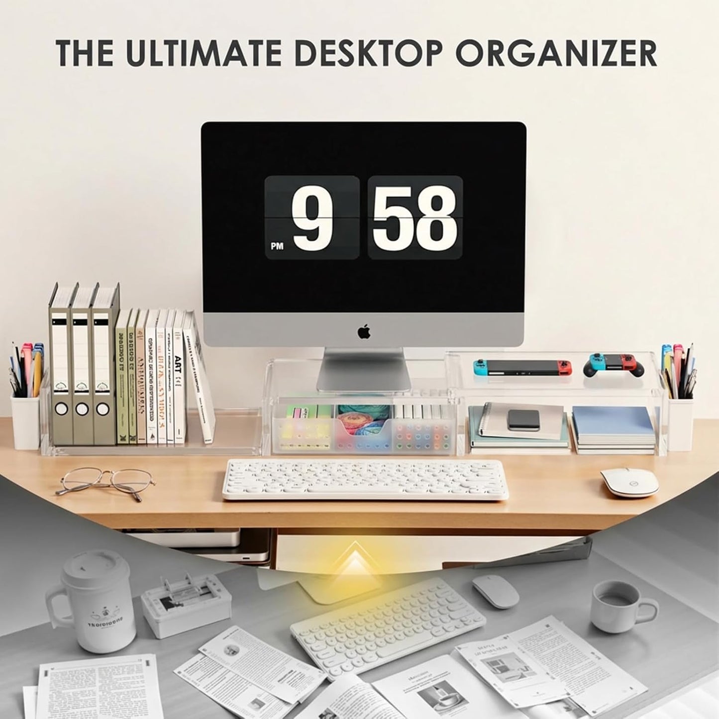 OPNICE Clear Acrylic Desk Organizers and Accessories, Dual Monitor Stand Riser with Drawer, Desk Shelf Computer Racks for Office Workspace Organizers, Desktop Organization (Transparent)