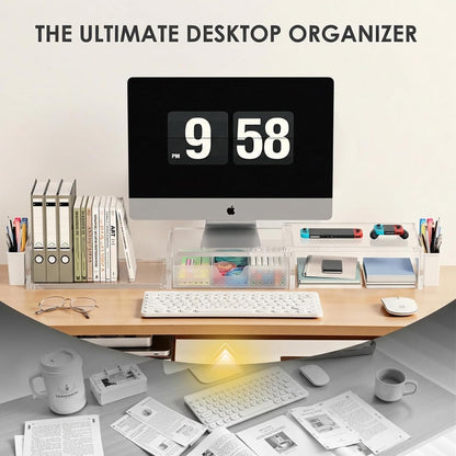 OPNICE Clear Acrylic Desk Organizers and Accessories, Dual Monitor Stand Riser with Drawer, Desk Shelf Computer Racks for Office Workspace Organizers, Desktop Organization (Transparent)