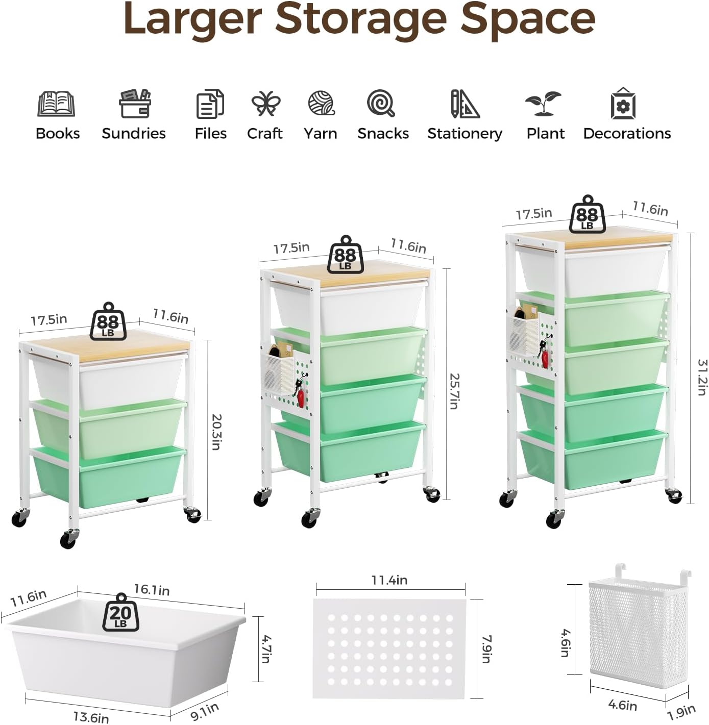 Rolling Cart with 3 Drawers, Plastic Drawer Storage Carts with Lockable Wheels & Wooden Tabletop, Metal Utility Cart Organizer, Office Bedroom Classroom Craft Organization and Storage, Bright White