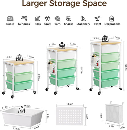 Rolling Cart with 3 Drawers, Plastic Drawer Storage Carts with Lockable Wheels & Wooden Tabletop, Metal Utility Cart Organizer, Office Bedroom Classroom Craft Organization and Storage, Bright White