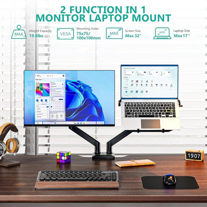 WALI Laptop Desk Mount, Single Monitor Arm with Laptop Holder, Adjustable Height Laptop Arm Mount for Desk, Fits 17” Notebook and 34” Monitors, Up to 22-26.4Lbs (GSMP001LPN), Black