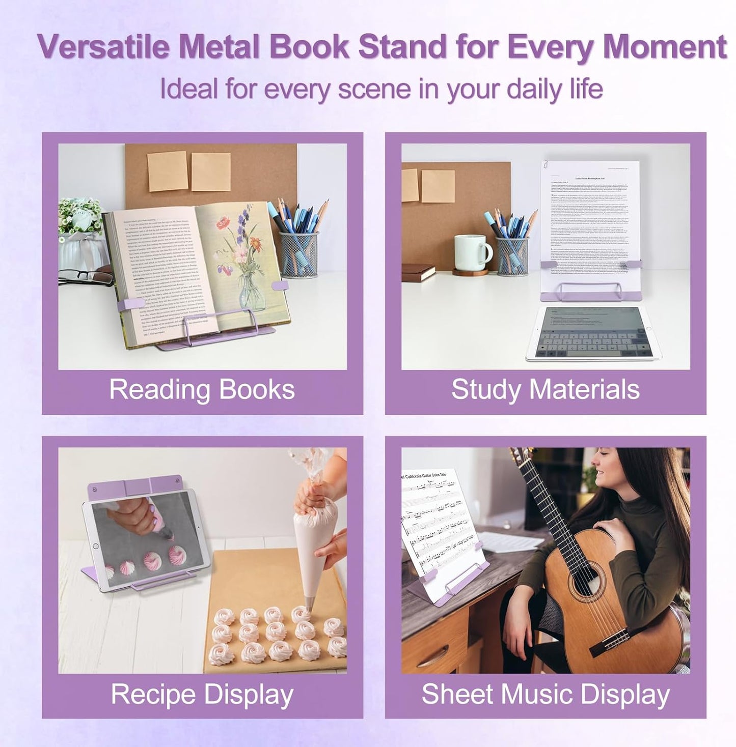 Metal Desk Book Stand for Reading with Adjustable Clips, Hands-Free Foldable Book Holder for Kids, Portable Document Stand for Desk, Display Stand for Recipes, Cookbooks, Tablets - Purple