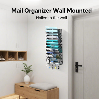 5 Tier Wall File Organizer - Hanging File Organizer with 5 Hooks, Mail Holder Wall Mounted for Papers, Folders, Magazines, Bills, Office&School Organization, Black