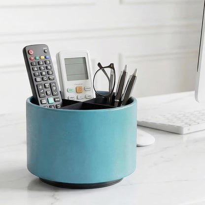 Hennaja Round Leather Art Supply Organizer,Remote Control Holder,360 Degree Rotating,Multi-Functional Pencil Holder,4 Compartments Desktop Stationary Organizer(1-Blue Bird) - Colors C
