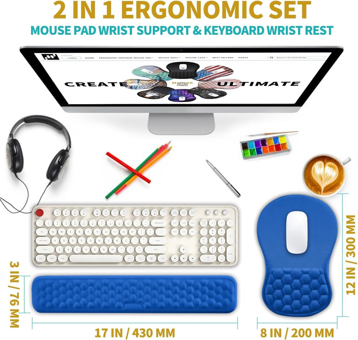 Hokafenle 2 in 1 Ergonomic Mouse Pad Wrist Support & Wrist Rest for Computer Keyboard Set, with Relieve Carpal Tunnel Pain Massage Bulge and Full Memory Gel Design (2In1 Set, Light Green)